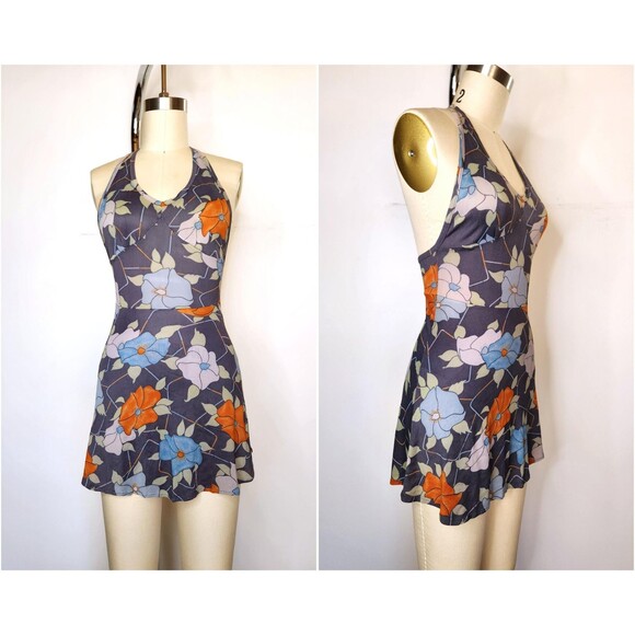 Vintage Floral Halter Mini Dress - Italian Summer Dress - Beach Dress - XXS XS - Picture 1 of 7